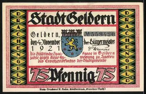 Notgeld Geldern, 1921, 75 Pfennig, Stadtansicht und Wappen mit Drachenmotiven