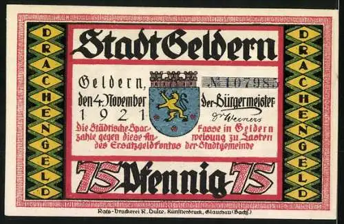 Notgeld Geldern, 1921, 75 Pfennig, Drachenmotiv mit Stadtwappen und Unterschrift des Bürgermeisters