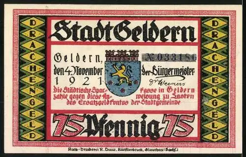 Notgeld Geldern, 1921, 75 Pfennig, Drachenmotiv und Stadtwappen