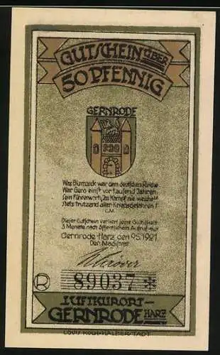 Notgeld Gernrode, 1921, 50 Pfennig, Ritterfigur und Gebäudemotiv, Luftkurort Harz