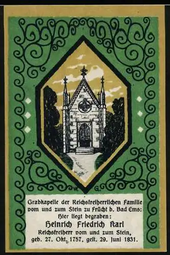 Notgeld Frücht 1922, 50 Pfennig, Grabbild der Reichsfreiherrlichen Familie und Gemeindewappen