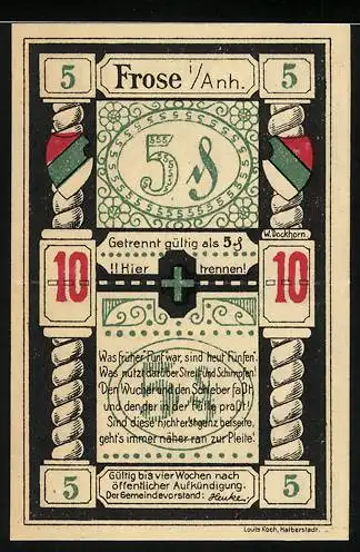 Notgeld Frose / Anh., 1921, 5 und 10 Pfennig, Dekorative Gestaltung mit Schrift und Symbolen