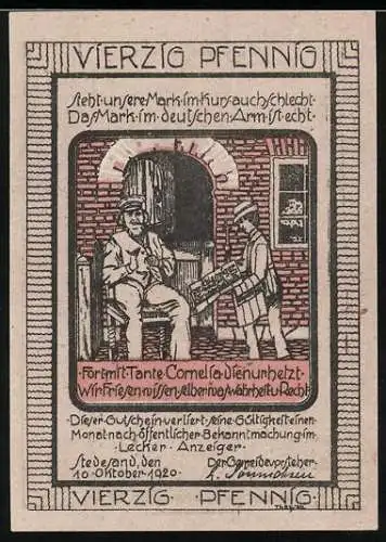 Notgeld Stedesand 1920, 40 Pfennig, Illustration von Tante Cornelia und deutsche Wappen