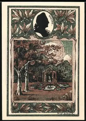 Notgeld Tiefurt, 1921, 50 Pfennig, Goethe-Silhouette und Landschaftsszene mit Bäumen und Gebäude