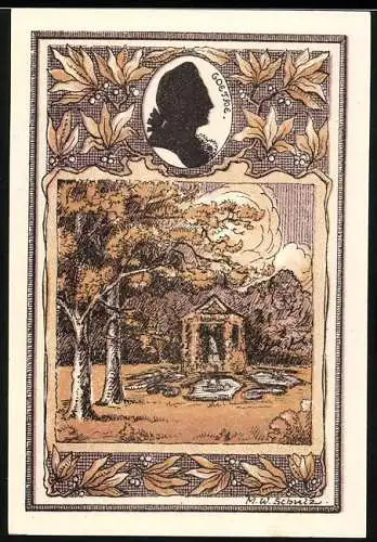 Notgeld Tiefurt, 1921, 50 Pfennig, Silhouette von Goethe und Landschaftsszene mit Bäumen und einem Pavillon