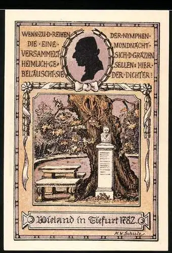 Notgeld Tiefurt 1921, 75 Pfennig, Dichterdenkmal und Silhouette