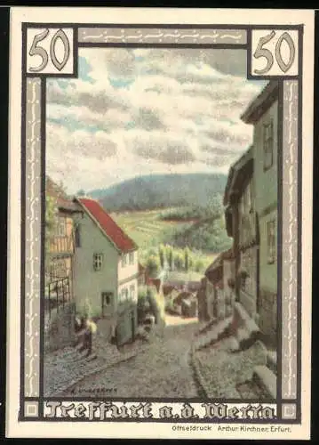 Notgeld Treffurt a.d. Werra, 1921, 50 Pfennig, Landschaft mit Fachwerkhäusern und Stadtwappen