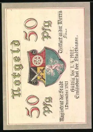 Notgeld Treffurt an der Werra 1921, 50 Pfennig, Burgruine und Stadtwappen, Arthur Kirchner Erfurt Offsetdruck