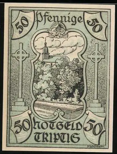 Notgeld Triptis, 1921, 50 Pfennig, Vorderseite mit Kirchturm und Kreuz, Rückseite mit historischen Figuren