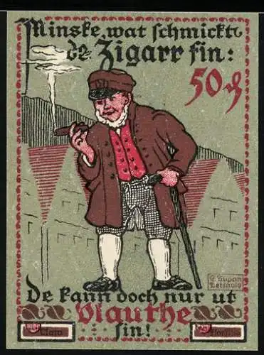 Notgeld Vlotho an der Weser 1921, 50 Pfennig, Mann mit Zigarre und Stadtansicht, rote Verzierungen