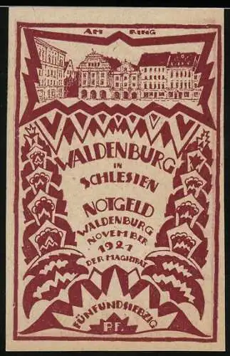 Notgeld Waldenburg 1921, 75 Pf, Gebäude und Stadtwappen, Kunst von Rudolf Radersjo