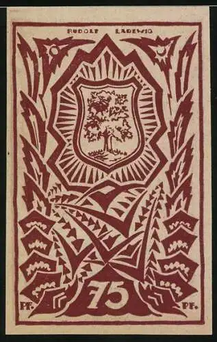 Notgeld Waldenburg 1921, 75 Pf, Gebäude und Stadtwappen, Kunst von Rudolf Radersjo