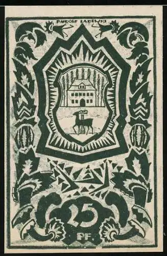 Notgeld Waldenburg, 1921, 25 Pf, Siedlung am Hartebusch, grünes Design mit Gebäude und Landschaft