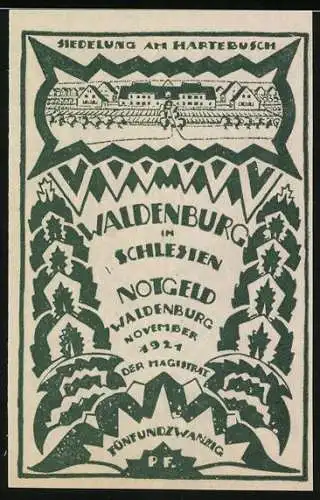 Notgeld Waldenburg, 1921, 25 Pf, Siedlung am Hartebusch, grünes Design mit Gebäude und Landschaft