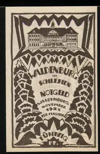 Notgeld Waldenburg 1921, 50 Pfennig, Gebäude und dekorative Muster mit Baum