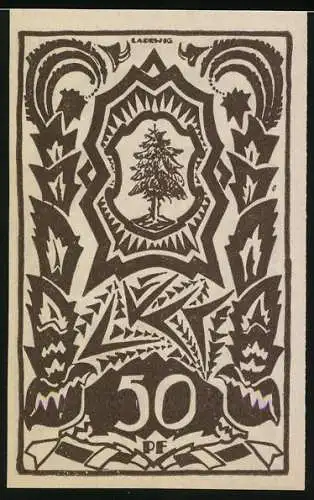 Notgeld Waldenburg 1921, 50 Pfennig, Gebäude und dekorative Muster mit Baum