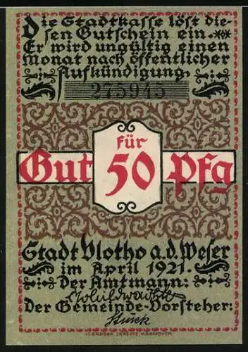 Notgeld Vlotho, 1921, 50 Pfennig, Mann raucht Zigarre im roten Mantel