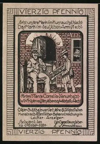 Notgeld Stedesand 1920, 40 Pfennig, Wappen mit Flaggen und Text, Rückseite mit Mann und Kind vor Haus