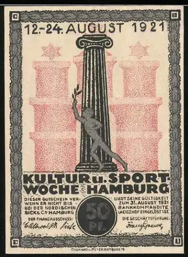 Notgeld Hamburg 1921, 50 Pfennig, Kultur und Sportwoche, Säule und Schiffsmotiv