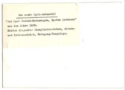 Fotografie unbekannter Fotograf und Ort, Auto Opel System Lutzmann, von 1898, mit hinten liegendem Einzylinder Motor