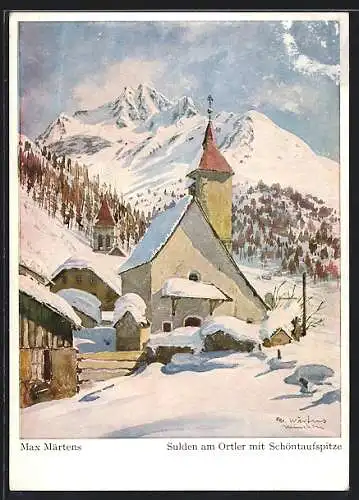 Künstler-AK Sulden am Ortler, Ortspartie mit Kirche vor der Schöntaufspitze