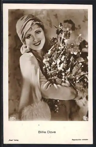 AK Schauspielerin Billie Dove mit einem Blumenstrauss