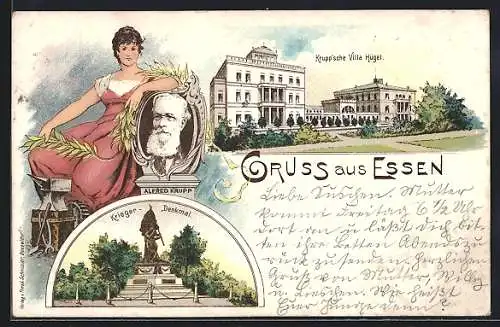 Lithographie Essen, Krupp'sche Villa Hügel, Krieger-Denkmal u. Büste v. Alfred Krupp