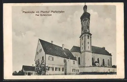 AK Pfaffenhofen / Buttenwiesen, Pfarrkirche mit Pfarrhof