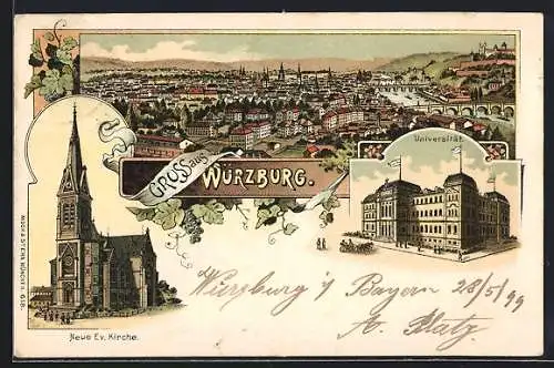 Lithographie Würzburg, Universität, Neue Ev. Kirche, Panorama