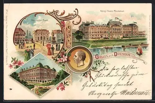 Lithographie Dresden-Neustadt, Neustädter Markt, Finanz-Ministerium, Japanisches Palais