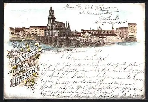 Lithographie Dresden, Brücke, Kath. Hofkirche und Zwinger