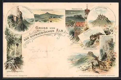 Lithographie Kirchheim / Teck, Uracher Wasserfall, Rosenstein, Rechberg & Reussenstein