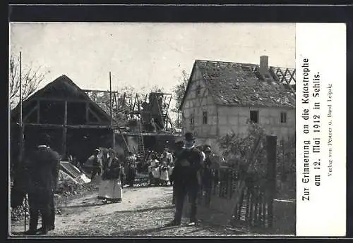 AK Sehlis, Zerstörte Gebäude nach der Sturm-Katastrophe am 12. Mai 1912