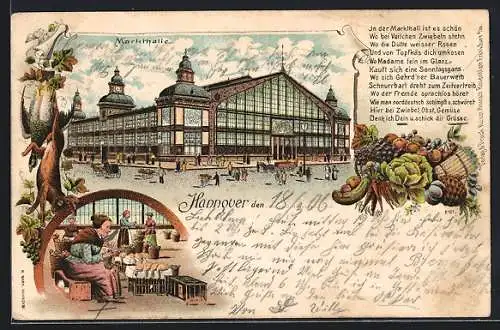 Lithographie Hannover, Partie an der Markthalle, Marktfrau an ihrem Stand