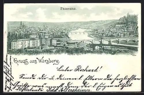 Lithographie Würzburg, Stadtpanorama, um 1900