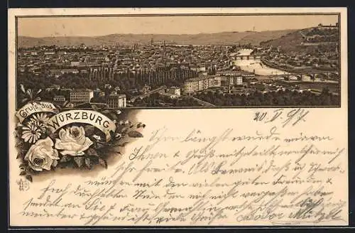 Lithographie Würzburg, Stadtanblick