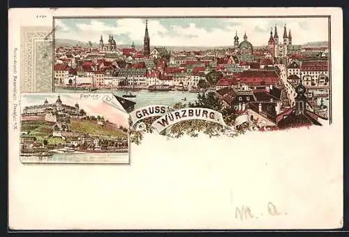 Lithographie Würzburg, Totalansicht, Festung