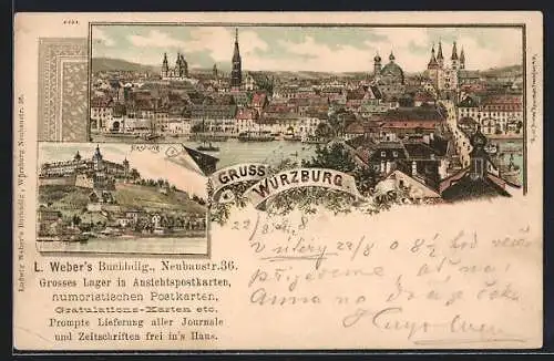 Lithographie Würzburg, Totalansicht, Festung