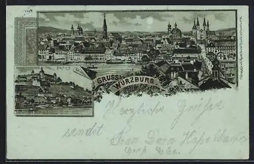 Mondschein-Lithographie Würzburg, Festung, Panoramablick auf die Stadt