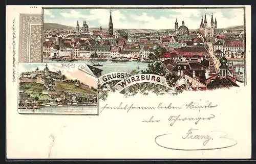 Lithographie Würzburg, L. Weber`s Buchhandlung, Neubaustrasse 36, Teilansicht, Festung