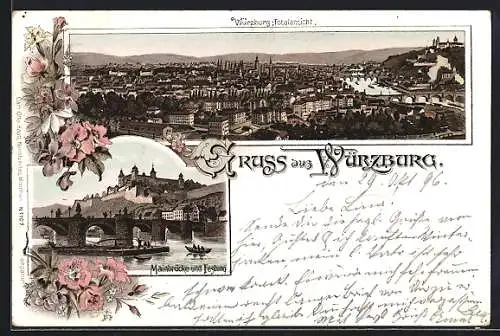 Lithographie Würzburg, Mainbrücke und Festung, Totalansicht