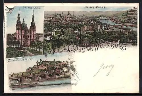 Lithographie Würzburg, Teilansicht vom Steinberg, Alte Brücke mit Festung, Stift Haug Kirche