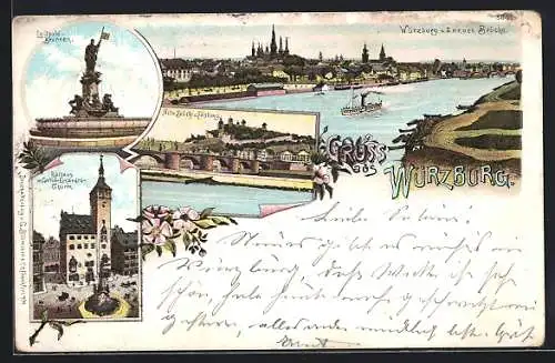Lithographie Würzburg, Luitpold-Brunnen, Rathaus mit Graf Eckardts.Thurm, Alte Brücke und Festung