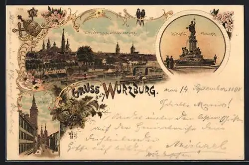 Lithographie Würzburg, Teilansicht von der Luitpoldbrücke, Luitpold-Brunnen, Domstrasse