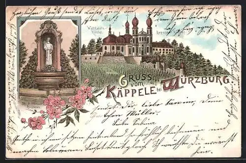 Lithographie Würzburg, Wallfahrtskirche, Kapuziner Kloster