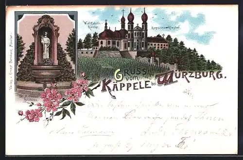 Lithographie Würzburg, Käppele, Wallfahrtskirche und Kapuzinerkloster, St. Antonius-Brunnen