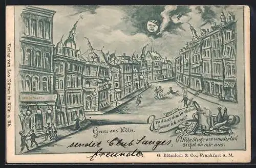 Wirtshaus-AK Köln, Hohe Strasse aus der Sicht eines Betrunkenen