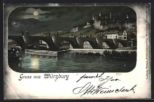 Lithographie Würzburg, Alte Mainbrücke und Festung