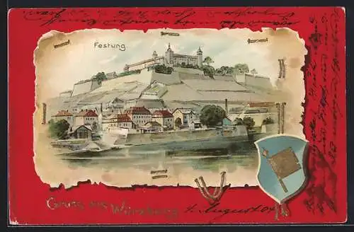 Lithographie Würzburg, Festung, Wappen