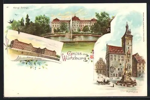 Künstler-AK Würzburg, Residenz mit Fontäne, Rückansicht, Rathaus